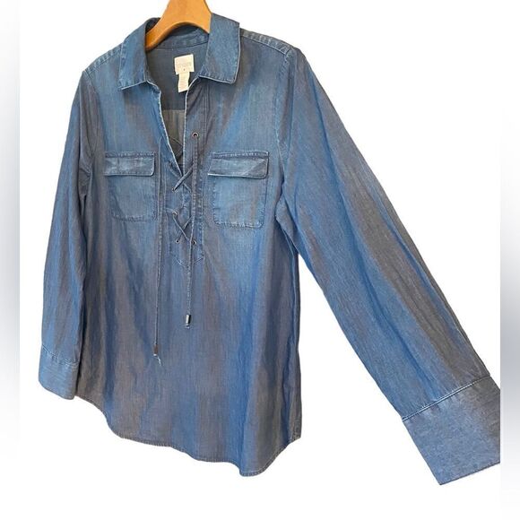 Chico’s 0/S/4 Blue Chambray Denim Cotton Lace-Up Relaxed Fit Long Sleeve Shirt - Picture 3 of 8